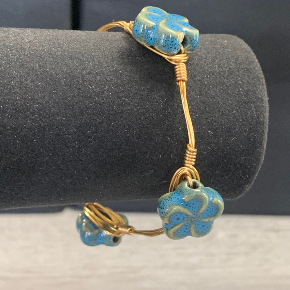 Handmade Gold Tone Wire Wrapped Bangle Bracelet Blue Ceramic Flower Beads Boho